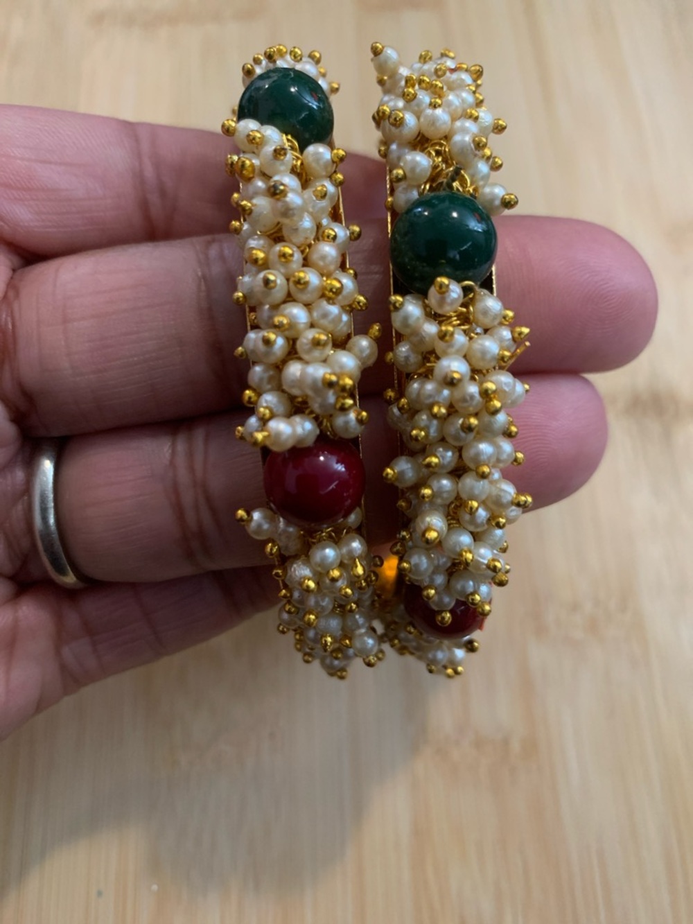 New Gold-Tone Pearl Cluster Bangles with Green and Red wooden Beads